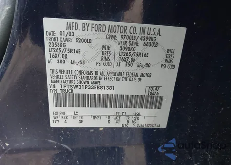 2003 Ford F-350 Lariat/Xl/Xlt z USA, uszkodzony, nr VIN 1FTSW31P33EB81381